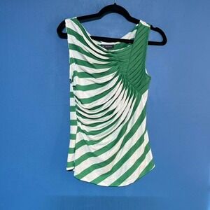 One September Pleated Blouse Women's Size Petite Green White Anthropologie Tank